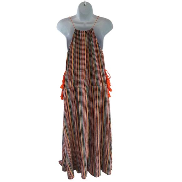 Zara Bright Multicolor Maxi Dress Tassel Straps Checkered Resort Beach Cover Up - Picture 8 of 13